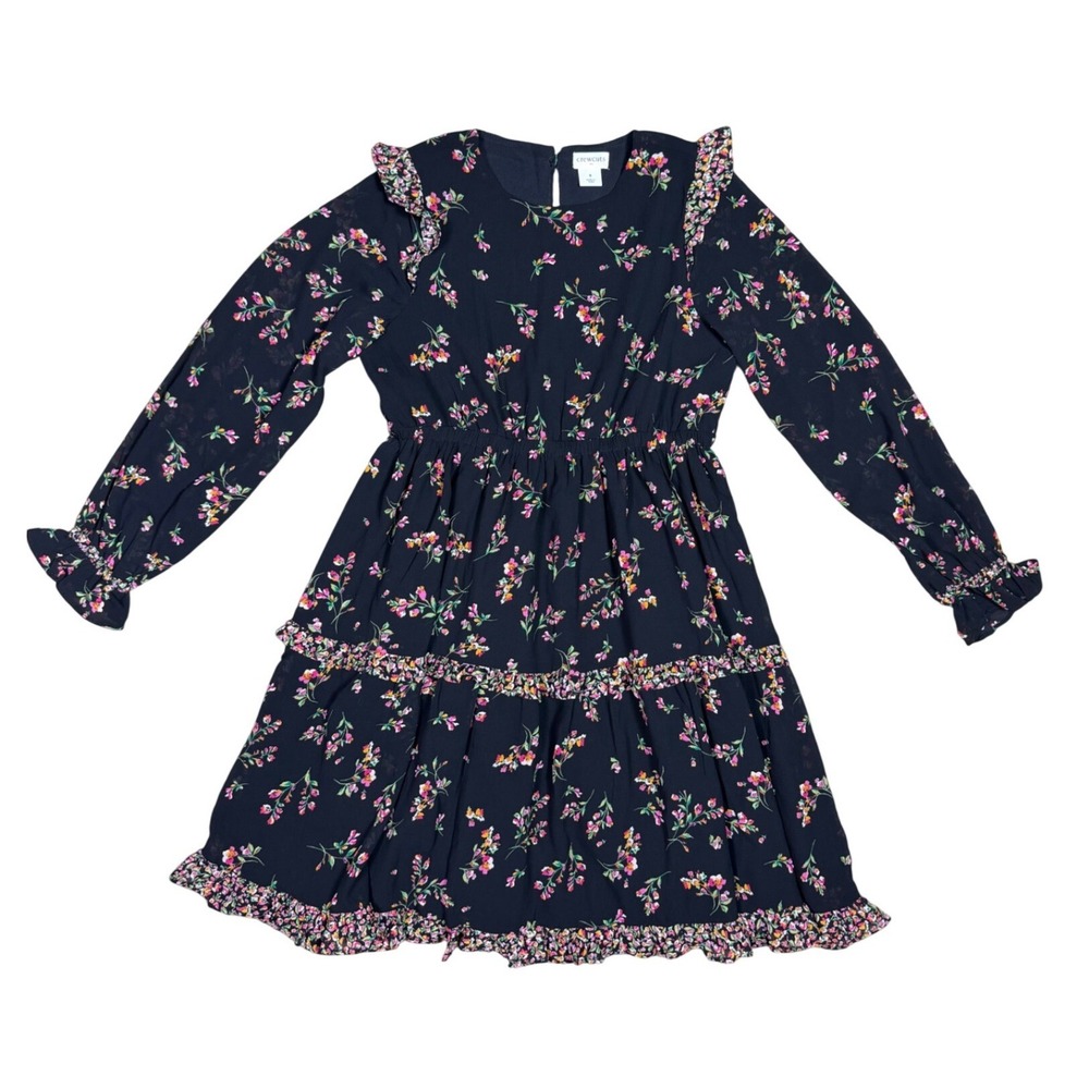Crewcuts Floral Tiered Dress Girls 8 Black Ruffle Long Sleeve BS447